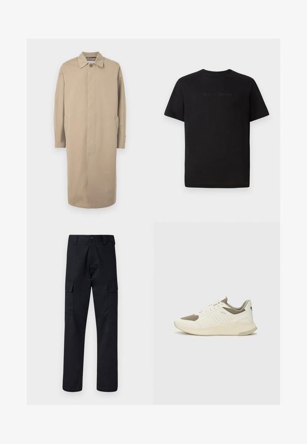 Bež dolg plašč z enim gumbom, stranskimi žepi in ravnim krojem. Izdelan iz gladkega materiala z minimalnimi šivi.; Lacoste Navadna majica - black; Črne cargo hlače iz trpežnega blaga, z ravnim krojem, dvema stranskima žepoma in gumbom za zapiranje na pasu.; Beli in svetlo bež športni copat, s mrežastim zgornjim delom, perforiranimi detajli in teksturirano srednjim delom z blagovno znamko na peti.