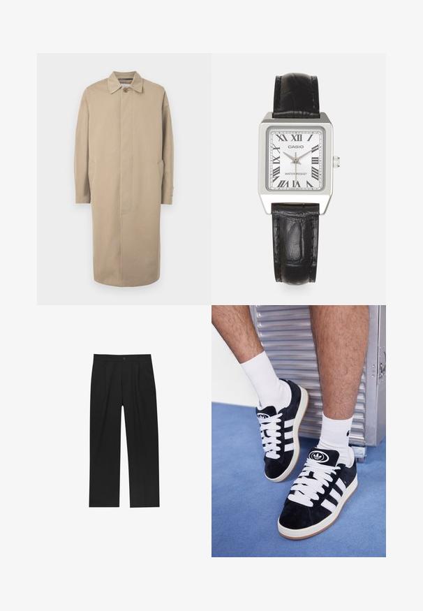 Hnědý dlouhý kabát s jedním knoflíkem vpředu, bočními kapsami a rovnými liniemi. Vyroben z hladkého materiálu s minimálními švy.; Polo tričko s krátkým rukávem v krémové barvě s žebrovanou texturou a plochým límcem. Má rovný spodní lem a měkký materiál pro pohodlí.; Černé kalhoty s rovnými nohavicemi, vyrobené z hladké tkaniny. Mají přední záhyby a jedno knoflíkové zapínání v pase.; Černé semišové tenisky s bílými tkaničkami a třemi bílými pruhy. Mají kulatou černou logo na jazyku a gumovou podrážku.; Stříbrné čtvercové hodinky s bílým ciferníkem, černými římskými číslicemi a textem "ODOLNÉ VŮČI VODĚ". Černý kožený řemínek s texturovaným povrchem.