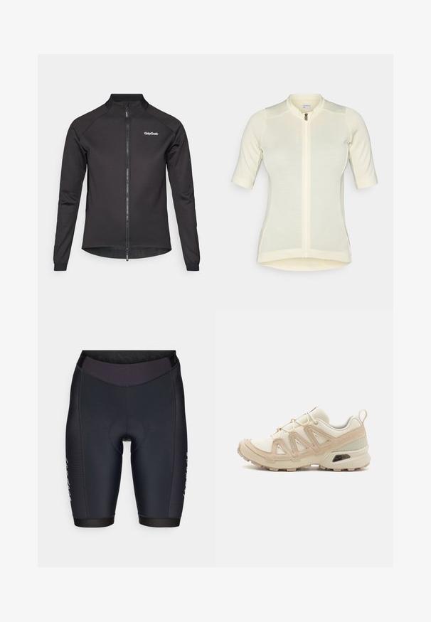 Chaqueta de ciclismo negra con cremallera frontal, mangas largas y cuello alto. Presenta el logo de GripGrab en el lado izquierdo del pecho y detalles de malla en el dobladillo.; Jersey de ciclismo amarillo claro con mangas cortas, corte ajustado, cremallera completa, tejido texturizado sutil y cuello redondo. Nombre de la marca en la parte delantera.; Pantalones cortos de ciclismo negros con un diseño ajustado, hechos de tela elástica suave, que cuentan con una cinturilla ceñida y un acolchado reforzado en la parte trasera.; Zapatilla deportiva beige y crema con parte superior de malla texturizada, superposiciones de soporte y suela de goma con un patrón de tracción.