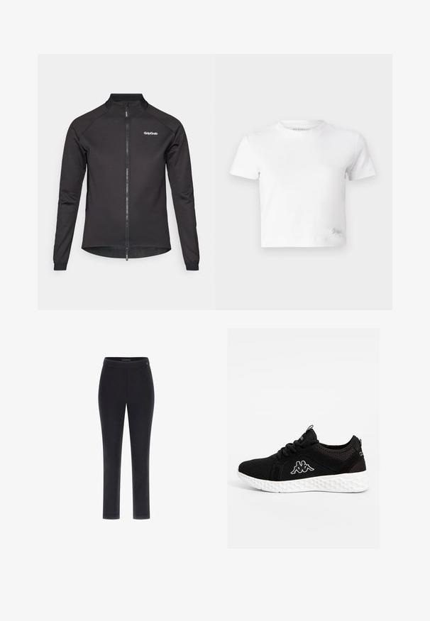 Črna kolesarska jakna z zadrgo spredaj, dolgimi rokavi in visokim ovratnikom. Ima logo GripGrab na levi strani prsnega predela in mrežaste detajle na robu.; Bela skrajšana majica iz gladkega bombaža, z visokim ovratnikom in kratkimi rokavi. Majhen vezen logotip v spodnjem kotu.; Črne prilegajoče hlače z gladko teksturo, ravnim krojem in širokim pasom. Na pasu se nahaja majhen logotip.; Črne atletske čevlje z mrežastim zgornjim delom, belim gumijastim podplatom z teksturiranim heksagonalnim vzorcem ter belim logotipom Kappa na strani.
