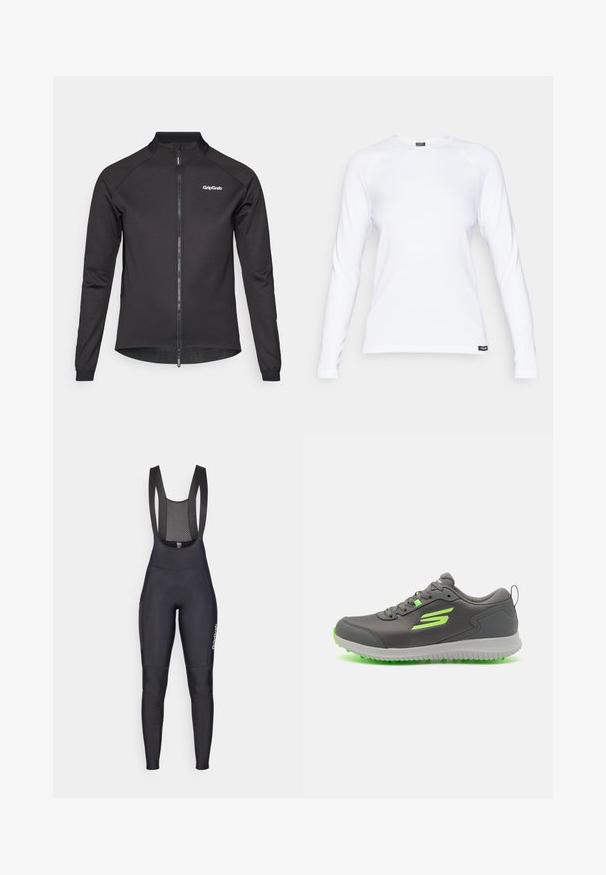 Juodas dviratininkų švarkas su užtrauktuku priekyje, ilgomis rankovėmis ir aukštu apykakle. Priekyje kairėje krūtinės pusėje yra GripGrab logotipas, o apatinėje dalyje yra tinkliniai akcentai.; Balta ilga rankovė marškiniai pagaminti iš tekstūruoto audinio, su apvalia iškirpte ir raglan rankovėmis, ant heminių yra mažas juodas logotipo žymeklis.; GripGrab THERMAL - Dviratininkų tamprės - black; Pilki sportiniai batai su tinkleliu viršuje, kuriuose yra ryškiai žali akcentai ant raišių ir pado, o tekstūruota guma suteikia sukibimą.