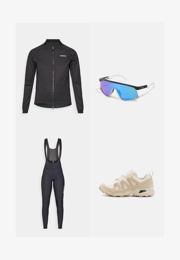 Black cycling jacket with a zip front, long sleeves, and a high collar. Features the GripGrab logo on the left chest and mesh accents at the hem.; White long-sleeve shirt made of textured fabric, featuring a round neckline and raglan sleeves, with a small black logo tag at the hem.; GripGrab THERMAL - Bib tights - black; Beige and cream athletic shoe with textured mesh upper, supportive overlays, and rubber outsole featuring a tread pattern for traction.; Sport sunglasses with a black frame, white accents, and blue gradient mirrored lenses. Textured white and black patterned temples.
