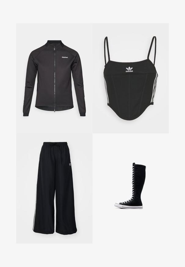 Czarna kurtka rowerowa z zamkiem z przodu, długimi rękawami i wysokim kołnierzem. Posiada logo GripGrab po lewej stronie klatki piersiowej oraz siateczkowe wstawki u dołu.; Czarny prążkowany top krótki z regulowanymi cienkimi ramiączkami, z trzema białymi paskami po bokach i małym białym logo Adidas na środku.; Czarne spodnie typu wide-leg wykonane z lekkiego materiału. Posiadają elastyczny pas z troczkiem i białe paski po bokach. Logo marki na biodrze.; Czarne wysokie trampki o wysokim designie, wykonane z płótna. Posiadają białe sznurowadła, przeszycia oraz gumową podeszwę z osłoną na palce.