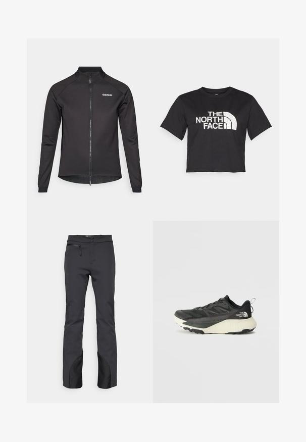 Černá cyklistická bunda se zipem na přední straně, dlouhými rukávy a vysokým límcem. Na levé části hrudi je logo GripGrab a na spodním lemu jsou síťové detaily.; Černé zkrácené tričko vyrobené z bavlny, s bílým logem s prohnutými akcenty a textem "THE NORTH FACE" na přední straně. Krátké rukávy, kulatý výstřih.; Černé outdoorové kalhoty vyrobené z technické tkaniny, s kapsou na zip, plochým pasem a černými akcenty na manžetách.; Černá sportovní bota s texturovaným svrškem, s šedými akcenty a bílou mezipodešví. Obsahuje poutko a výrazné logo značky na patě.