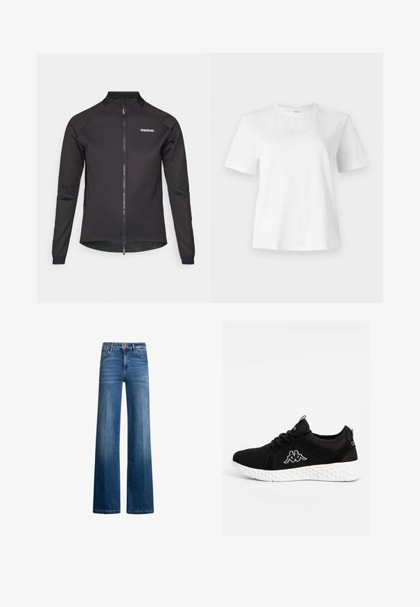 Zwarte fietsjack met een ritssluiting aan de voorkant, lange mouwen en een hoge kraag. Bevat het GripGrab-logo op de linker borst en heeft mesh accenten aan de zoom.; Witte katoenen T-shirt met korte mouwen, ronde hals en een subtiel reliëf Calvin Klein-logo op de voorkant. Zachte textuur, klassieke pasvorm.; Wijduitlopende jeans van indigo denim, met een hoge taille, zilveren hardware en een klassiek vijf-pocket ontwerp. Gladde textuur met subtiele vervaging.; Zwarte sportieve schoen met een bovenwerk van mesh, witte rubberen zool met een gestructureerd hexagonaal patroon en een Kappa-logo in het wit aan de zijkant.