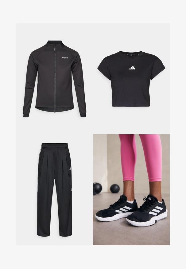 Must päikesekaitse särk, millel on lukuga ees, pikad varrukad ja kõrge kaelus. Vasakul rinnal on GripGrab logo ja hemil on võrkpaneelid.; Must adornitud must t-särk, mis on valmistatud puuvillast, lühikeste varrukatega ja valge Adidas logoga rinnaosas. Sile tekstuur, ümmargune kaelus.; Mustad sportpüksid palistete, elastse vöökohaga ja küljeribadega. Valmistatud siledast kangast, millel on valge Adidas logo.; Mustad must sportlikud jalanõud valgete triipudega, tekstureeritud võrkkattega ülemine osa ja valge tallaga. Kombineeritud roosade retuusidega, tutvustades treeningriideid.