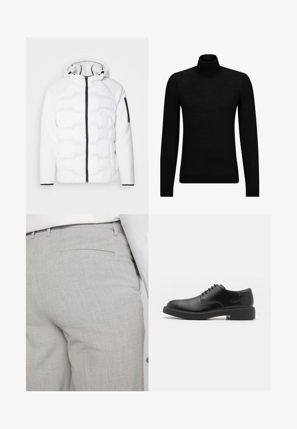 BOSS CLOUD - Vinterjacka - white; Svart polotröja gjord av mjukt material, med långa ärmar och en åtsittande passform. Ribbat avslut vid fåll och ärmslut. Enkelt mönster.; Ljusgrå skräddarsydda byxor av texturerat tyg med en enda bakficka och rena sömmar.; Svart läder snörsko med rund tå, slät yta, minimal söm och låg gummihäl. Logotyp på hälen.
