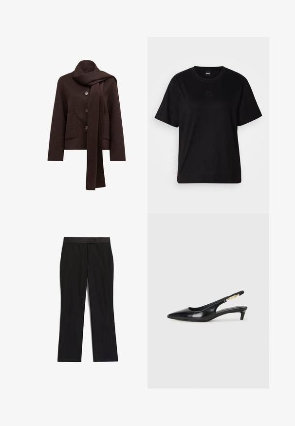 Rjava volnena jakna s šal ovratnikom, z gumbom za zapiranje, dvema sprednjima žepoma in usklajeno šalom. Ima mehak, strukturiran zaključek.; Črna bombažna majica s krožnim izrezom, kratkimi rokavi in izvezenim logotipom na prsih. Preprosta, sproščena silhueta brez vzorcev.; Črne hlače z gladko teksturo, ravnim krojem nogavic, ravnim pasom in brez vidnih delov ali vzorcev.; Črne usnjene sandale na peto z ostro konico, ki imajo tanko peto in zlat ton na nastavljivem traku. Gladka tekstura.
