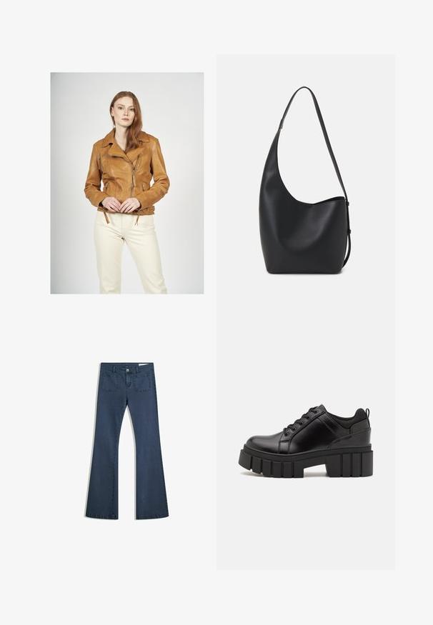 Skórzana motocyklowa kurtka w kolorze brązowym, o dopasowanym kroju, z asymetrycznym zapięciem na zamek i dwoma bocznymi suwakami. Posiada szerokie klapy i dekoracyjne akcesoria.; Granatowy sweter z dekoltem w serek, długimi rękawami, ściągaczami przy mankietach i na dole. Wykonany z miękkiego materiału dzianinowego, charakteryzuje się luźnym krojem i minimalistycznym designem.; Ciemnoniebieskie dżinsy typu dzwony z przeszytymi kieszeniami, zapięciem na guzik i gładką fakturą. Posiadają klasyczny pięciokieszeniowy fason.; Czarne skórzane buty na platformie z masywnym słupkowym obcasem, okrągłym noskiem i klasycznym sznurowaniem. Posiadają gładką teksturę i minimalne wykończenia.; Czarna skórzana torba hobo o gładkiej fakturze, zaokrąglonym kształcie i pojedynczym, regulowanym pasku; posiada szerokie otwarcie na górze.