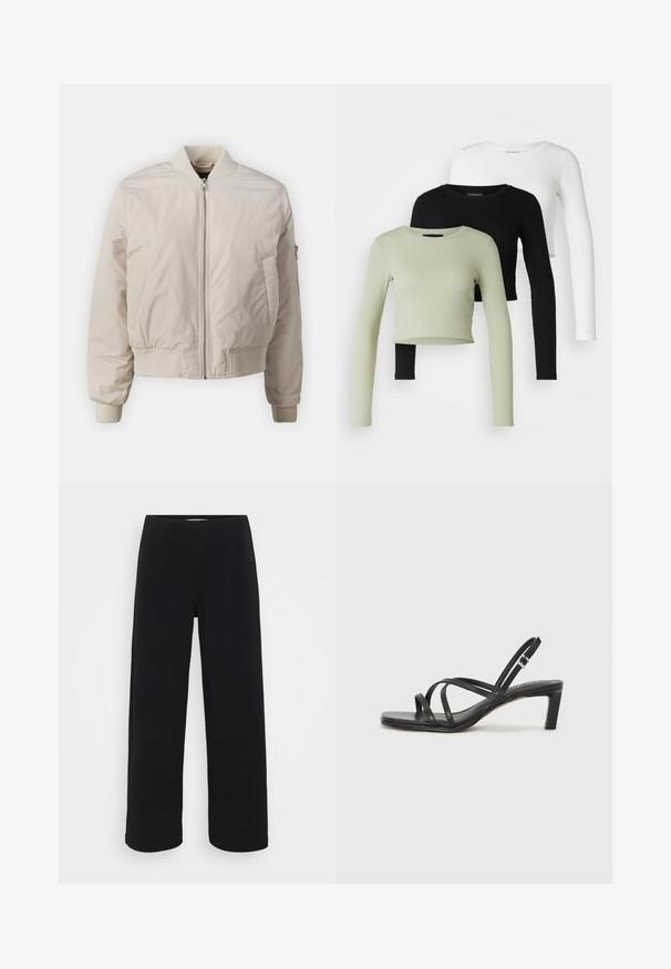 Šviesiai smėlinės spalvos bomberis su priekiniais užtrauktukais, dviem šoniniais kišenėmis, gumuotais rankogaliais ir gumuotu juosmeniu. Lygaus, blizgaus audinio su minimaliais dizaino elementais.; Even&Odd Petite 3 PACK - Ilgarankovis viršutinės dalies drabužis - black/white/light green; Juodos plačios kelnės su elastingu juosmeniu. Pagamintos iš tekstūruotos medžiagos, turi laisvą siluetą ir tiesų kirpimą nuo klubų iki krašto.; Juodi šlepetės su kvadratiniu pirštu ir žemu bloku kulnu. Yra keli ploni dirželiai ir reguliuojamas kulkšnies diržas. Pagaminti iš lygios odos.