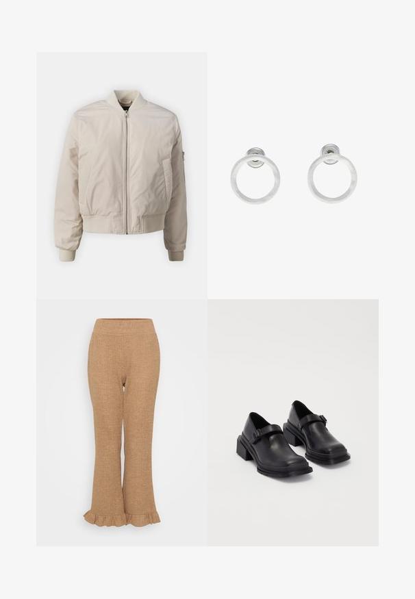 Ljusbeige bomberjacka med dragkedja framtill, två sidfickor, ribbade ärmslut och ribbat midjeband. Slät, glänsande tyg med minimal design.; Even&Odd Petite 3 PACK - Långärmad tröja - black/white/light green; Ljusbruna ribbade stickade byxor med utsvängd nederkant och volangslut. Elastisk midja för komfort. Jämn textur genom hela byxorna.; Svart läderskor med rund tån, platt sula och ett band med spänne. Kraftig blockklack för ökad stabilitet.; Silvriga metallringörhängen med borstad yta, som har en cirkulär design och en genomskinlig stiftbaksida för säker användning.