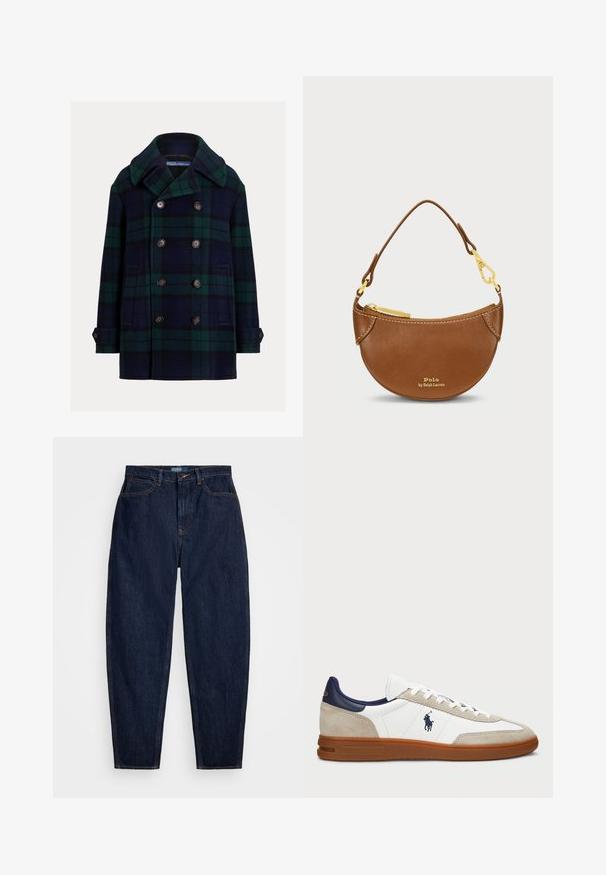 Dubbelknäppt skepparkappa i mörkblå och grön rutigt mönster. Tillverkad av ull med notched krage och stora bruna knappar. Har sidofickor.; Krämfärgad kabelstickad tröja med V-ringning, med marinblå och ljusblå ränder på kragen och nederkanten.; Mörkgrön långärmad t-shirt med rund halsringning och en liten lila broderad hästlogo på vänster bröst, visad mot en vit bakgrund.; Mörkblå denimjeans med raka ben, som har orange sömmar, knappstängning fram och fem fickor.; Vita och beige sneakers med ovandel i mocka och läder, marinblå detaljer och en brun gummisula. Har logotyp på sidan och snörningsdesign.; Brun läderväska med en böjd form och guldhardware. Har en dragkedja högst upp och prägling på framsidan. Kort handtag ingår.