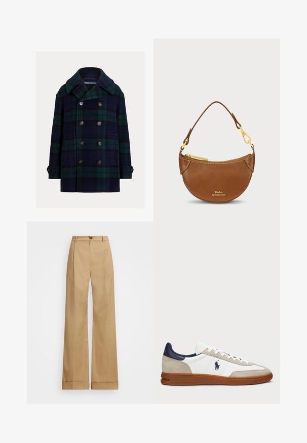 Double-breasted peacoat in dark blue and green plaid pattern. Made of wool with notched collar and large brown buttons. Features side pockets.; Cream cable-knit sweater with a V-neckline, featuring navy and light blue stripes on the collar and bottom hem.; Dark green long-sleeve crew neck shirt with small purple embroidered horse logo on the left chest, displayed on a white background.; Beige wide-leg trousers with a button closure, featuring a smooth texture and pressed creases. Cuffed hems for added detail.; White and beige sneakers with a suede and leather upper, navy accents, and a brown rubber sole. Features logo on the side and lace-up design.; Brown leather bag with a curved shape and gold hardware. Features a top zipper and embossed logo on the front. Short handle included.