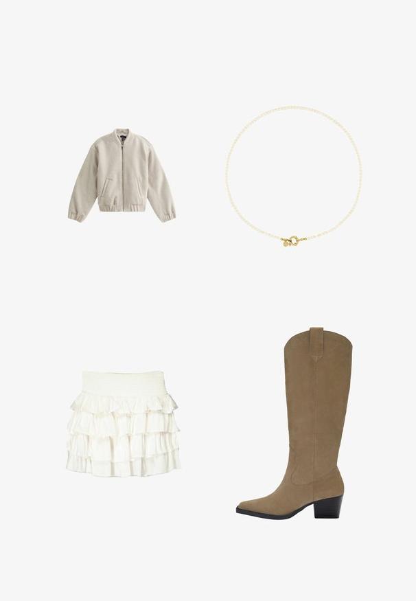 New Look - Kurtka Bomber; Biały prążkowany top na ramiączkach z czarnym haftowanym logo umieszczonym na środku klatki piersiowej. Dekolt i otwory na ramiona wykończone subtelnym obszywaniem.; Biała spódnica z falbanami i gumką w pasie. Posiada warstwowe, przezroczyste falbany, które tworzą teksturowany, zwiewny wygląd.; Knee-high, jasnobrązowe, zamszowe botki z wąskim noskiem, ściętym obcasem i przeszyciami po bokach. Gładka tekstura i sztywny fason.; Biała kolia z koralików z złotym zapięciem, składająca się z małych, nieregularnie ukształtowanych koralików oraz dekoracyjnego akcentu w pobliżu zapięcia.