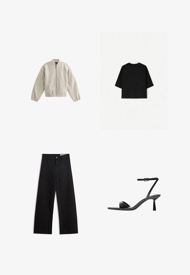 New Look TEXTURED - Bomberjacks - cream; Zwart oversized T-shirt met korte mouwen, ronde halslijn en een rechte zoom. Gemaakt van zacht katoen met een gladde structuur. Alleen achteraanzicht.; Zwarte denim broek met wijde pijpen en een hoge taille, voorzien van voor- en achterzakken, gestikte naden en een knoopsluiting. Gladde textuur.; Bershka Sandalen met hoge hak - black