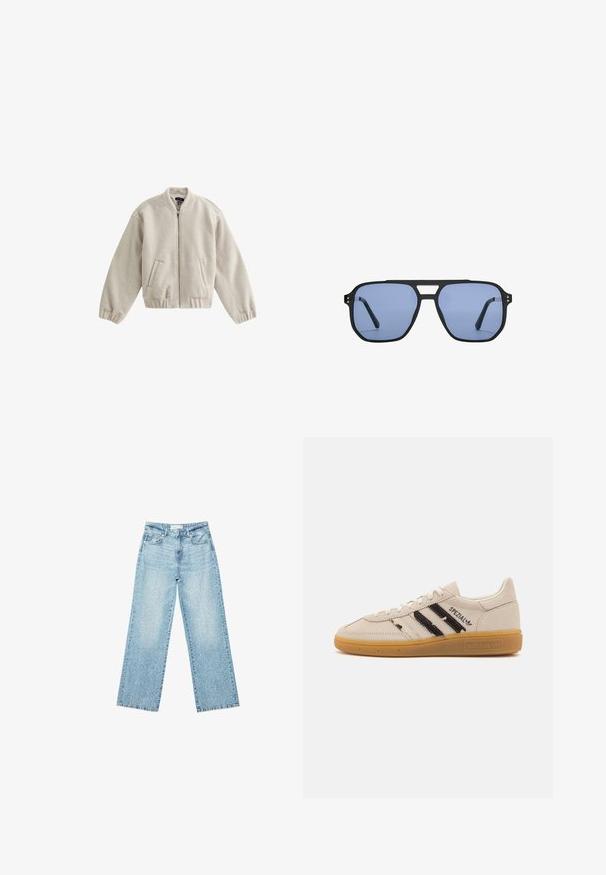 New Look TEXTURED - Bomberjacke - cream; Weißes T-Shirt mit kurzen Ärmeln aus Baumwolle. Hat einen Rundhalsausschnitt und eine lockere Passform. Glatte Textur ohne sichtbare Muster oder Akzente.; Helle blaue Denim-Jeans mit weitem Bein und hoher Taille, im lässigen Look mit einem ausgewaschenen Finish und kleinen, verstreuten Used-Effekten.; Beige Wildlederschuh mit schwarzen Streifen und "Spezial"-Text, verfügt über eine strukturierte Gummisohle und klassisches Schnürdesign.; Stradivarius RETRO - Sonnenbrille - light blue