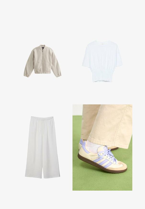 New Look TEXTURED - Giubbotto Bomber - cream; T-shirt bianco a maniche corte con una vestibilità rilassata e una texture smock in vita. Realizzato in tessuto morbido e leggero.; Pantaloni bianchi a gamba larga realizzati in tessuto leggero, dotati di una vita elastica e di un cordino per una vestibilità regolabile. Texture liscia.; Sneakers crema e lavanda con tre strisce e suola marrone texturizzata, dotati di lacci e tallone imbottito. Parte superiore in tessuto morbido.