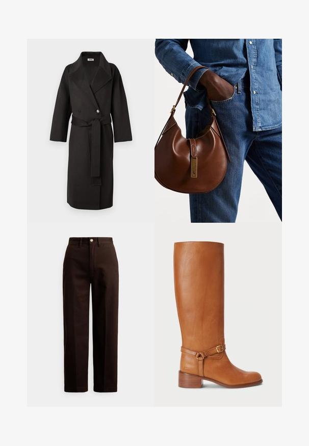 Mustat takki, joka on valmistettu teksturoidusta kankaasta, jossa on kaksirivinen etuosa, leveä kaulus ja vyötäisillä oleva yhteensopiva vyö.; Ruskea, paksu neulepusero, jossa on korkea kaulus ja ribbireunat. Ominaisuuksiin kuuluu pitkät hihat ja rento istuvuus, valmistettu pehmeästä tekstiilimateriaalista.; Tummaanruskeat suorat housut, joissa on napit ja vetoketju, vyölenkit ja etutaskut valkoista taustaa vasten.; Korkeat ruskeat nahkasaappaat, joissa on sileä pinta, sivussa on solkiremmi ja kasattu korko. Varressa on siisti, koristelematon muotoilu.; Ruskea nahkainen hobo laukku pyöreällä muotoilulla, jossa on kultaiset yksityiskohdat ja kontrastiväriommeltu. Yhdistetty farkkupaitaan ja farkkuihin.