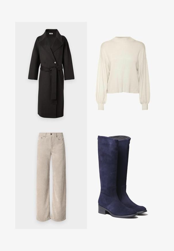 Sort frakke lavet af et tekstureret stof, med en dobbeltradet front, bred krave og et matchende bælte i taljen.; Off-white, cropped sweater med ribbet tekstur, lange puffærmer og høj halsudskæring. Blødt stof med en afslappet pasform.; Beige corduroy bukser med vidde og lodrette striber, der har knaplukning og frontlommer. Blødt, tekstureret stof med en afslappet pasform.; Knæhøje maritime ruskinds støvler med et strømlinet design, sort gummisål og diskrete syninger langs sømmene.