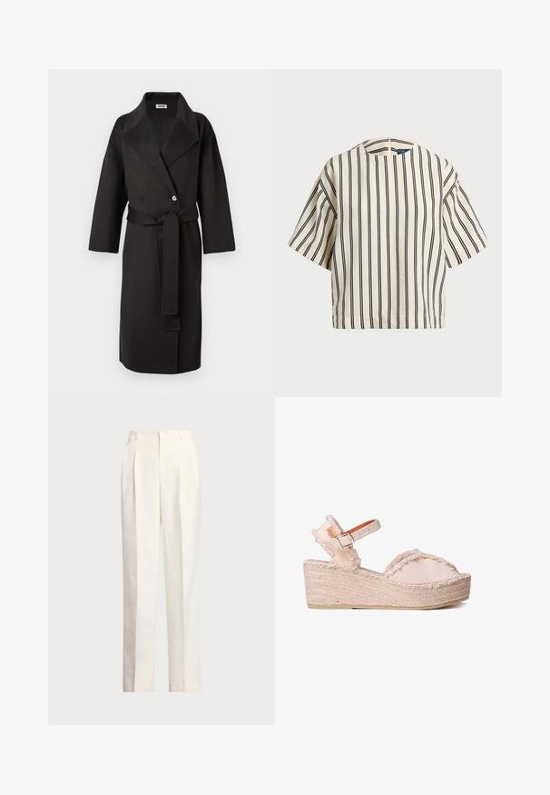 Černý kabát vyrobený ze strukturované látky, s dvojitým zapínáním vpředu, širokým límcem a odpovídajícím páskem v pase.; Krátký rukáv, pruhované tričko ve krémové a námořnické barvě, s kulatým výstřihem a širokým střihem z texturovaného materiálu.; Polo Ralph Lauren HEMP WIDE LEG PANT - Kalhoty - nevis; Bežové espadrilové sandály na podpatku s textilním svrškem, třásněmi na okrajích, nastavitelným popruhem kolem kotníku a tkanou jutovou podrážkou.