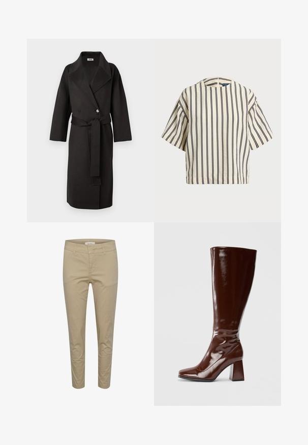 Abrigo negro hecho de una tela texturizada, con un frente de doble botonadura, un cuello ancho y un cinturón a juego en la cintura.; Top de manga corta a rayas en crema y azul marino, con cuello redondo y un diseño cuadrado, confeccionado en una tela texturizada.; Pantalones de mezcla de algodón beige con corte slim, que cuentan con cremallera, trabillas para el cinturón y bolsillos delanteros. Textura suave y diseño ajustado.; Botas de charol marrones hasta la rodilla con punta cuadrada, acabado brillante y un tacón ancho para mayor estabilidad. Diseño sin costuras sin herrajes visibles.