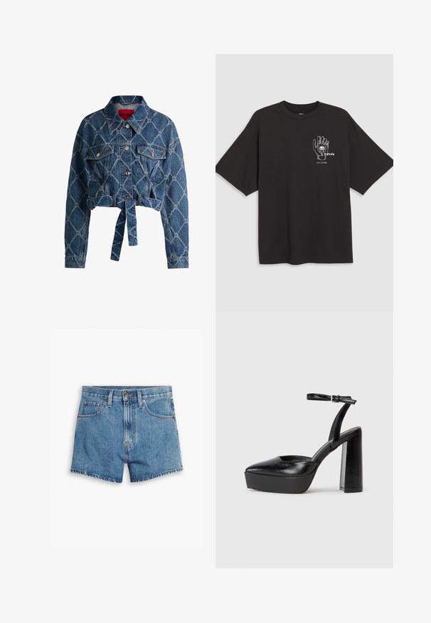 HUGO GEDARI - Džinsa auduma jaka - open miscellaneous; Melna kokvilnas T-kreklu ar īsām piedurknēm, ar roku grafiku un tekstu "Levi's LA LUNE" baltā krāsā kreisajā krūtīs.; Gaiši zili džinsu šorti, kas aprīkoti ar piecām kabatām, rāvējslēdzēja aizdari un pogu aizdari. Apakšmala ir saplēsta, un izskats ir brīvs.; Melnas platformas papēžs ar norādītu purngala formu un regulējamu potītes siksniņu. Izgatavotas no gludas ādas, ar masīvu bloku papēdi.