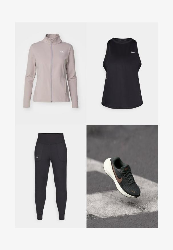 Under Armour MOTION JACKET - Treniņjaka - tetra gray/white; Melna bezruku skriešanas kreklu, kas izgatavots no viegla materiāla ar apaļu kakla izgriezumu; tam ir diskrēta logo un sānu šķirbes gaisa caurlaidībai.; Melnas sporta legingi, kas izgatavoti no stiepjama materiāla, ar augstu jostasvietu, sānu kabatām un pieguļošiem anklets.; Melna sieta skrējiena apava ar faktūrētu augšu, brūnu Nike zīmi un baltu amortizējošu zoli, kas karājas virs pelēkas virsmas.