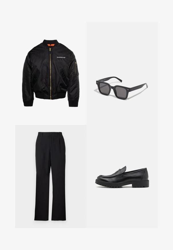 MJ Gonzales Geacă bomber - black; Pulover negru din tricot, cu guler rotund, mâneci lungi și detalii ribb la guler și la margine. Textură moale, potrivire casuală.; Only & Sons ONSJEREMY LOOSE PANT - Pantaloni - black; Mocasini din piele neagră cu vârf rotund, design slip-on și talpă groasă din cauciuc cu un grip texturat. Toc înălțat și detalii subtile de cusătură.; Ochelari de soare negri, de formă rectangulară, cu lentile închise, având un cadru gros, accente subtile pe margini și fără logo-uri vizibile în afară de numele brandului.; Ceas de mână cu quartz Casio, cu un cadran negru, curea din oțel inoxidabil argintiu, numerale mari albe și roșii, și caracteristică de rezistență la apă de până la 200m.