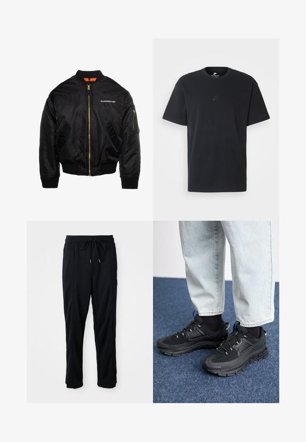 MJ Gonzales Giubbotto Bomber - black; T-shirt in cotone nero della Nike con collo rotondo classico, maniche corte e un logo in rilievo discreto sul petto. Texture liscia.; Pantaloni casual neri con elastico in vita, tasche laterali e taglio dritto su uno sfondo uniforme.; Scarpe sportive nere con tessuto testurizzato e suole in gomma, dotate di lacci elastici e un accento blu sul tallone. Indossate con pantaloni in denim chiaro.