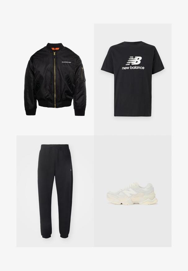 MJ Gonzales Bomberjacke - black; Schwarzes Baumwoll-T-Shirt mit einem weißen New Balance-Logo und Grafikdesign auf der Vorderseite. Kurze Ärmel und Rundhalsausschnitt.; Schwarze Sweatpants aus weichem Material mit elastischem Bund, Kordelzug und schmal zulaufenden Bündchen, die auf der Seite ein dezentes Logo zeigen.; Leichte Sneaker mit einem Obermaterial aus Mesh und Wildleder in sanften Cremetönen, einer dicken Sohle und dreidimensionalen Akzenten.