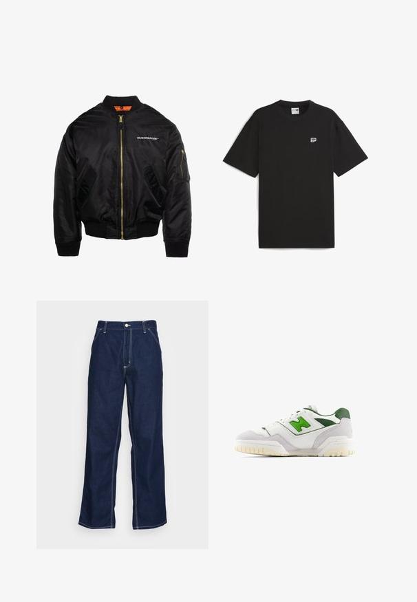 MJ Gonzales Chaquetas bomber - black; Camiseta de algodón negra de manga corta, con cuello redondo y pequeño logo blanco en el pecho. Ajuste simple y relajado.; Pantalones de mezclilla azul oscuro de pierna ancha, con una cintura alta, bolsillos frontales y costuras en blanco que contrastan a lo largo de las costuras.; Zapatilla blanca con acentos verdes, hecha de cuero y ante. Presenta un upper texturizado, collar acolchado y una suela de goma con tacos visibles.