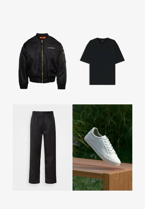 MJ Gonzales Bomberjacke - black; Schwarzes Baumwoll-T-Shirt mit rundem Halsausschnitt und kurzen Ärmeln. Verfügt über einen lockeren Schnitt und ein schlichtes Design ohne Muster oder Akzente.; Schwarze Hosen aus glattem Stoff, mit einem Knopfverschluss vorne, Falten und geraden Beinen. Keine sichtbaren Muster oder Akzente.; Weiße Schnürsneaker, die über einer Holzbank mit grünem Laub im Hintergrund schweben und das Schuhdesign sowie die Textur zeigen.