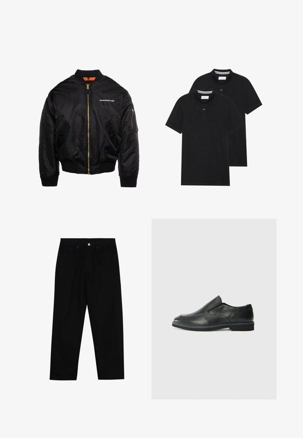 MJ Gonzales Bomberjacke - black; Zwei schwarze Polohemden, kurzärmlig, aus Baumwolle, mit einem klassischen Kragen, zwei Knöpfen und weißen Streifenakzenten im Inneren des Kragens.; Schwarze Jeans mit geradem Schnitt, Fünf-Taschen-Design und einem vorderen Knopfverschluss. Glatte Textur mit minimalen Nähten.; Schwarze Leder-Slipper mit glattem Obermaterial, gesteppten Akzenten, runder Zehenpartie und niedrigem Gummiabsatz. Die Sohle hat ein minimales Profil.