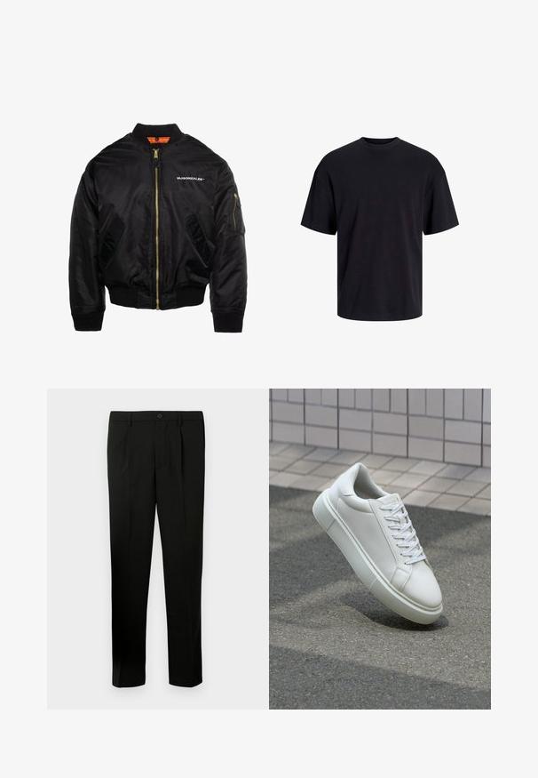 MJ Gonzales Bomber stiliaus striukė - black; Juodas medvilninis marškinėlis su apvaliu iškirpimu, trumpomis rankovėmis ir laisvu siluetu. Glotni tekstūra, be matomų raštų ar akcentų.; Juoda sutekta kelnė su lygia priekiu, dviem raukšlėmis, mygtuko uždarymu, šoninėmis kišenėmis ir tiesiu pjūviu. Pagaminta iš lygaus audinio.; Balti odiniai sportbačiai su lygiu paviršiumi, apvalia nosimi ir plokščiomis baltomis raištelėmis. Yra tekstūruotas gumos padas ir minimalizmas dizaino elementuose.