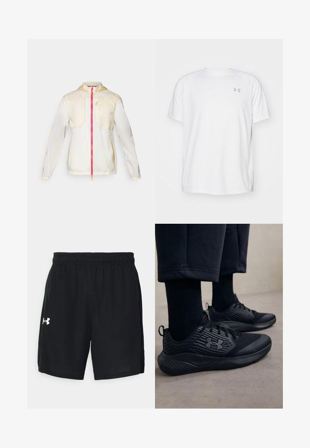 Lichtgewicht, crèmekleurige jas met een roze ritssluiting aan de voorkant, met twee borstzakken, elastische manchetten en een capuchon. Gele accenten op de naden.; Witte sportieve T-shirt met korte mouwen, gemaakt van gladde stof. Heeft een ronde hals en een grijs logo op de linkerkant van de borst, met zijsplitten aan de zoom.; Zwarte sport shorts van lichtgewicht stof, met een elastische tailleband en een wit logo aan de linkerkant.; Persoon in zwarte sport sneakers met gestructureerde zijkanten en logo, gecombineerd met zwarte sokken en cropped broek op een lichte vloer.