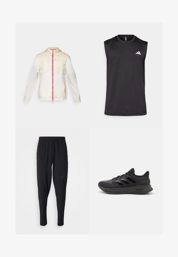 Lightweight, cream-colored jacket with a pink front zipper, featuring two chest pockets, elastic cuffs, and a hood. Yellow accents on seams.; Black sleeveless athletic top made of breathable fabric, featuring a round neckline and a white logo on the upper left side.; Black athletic pants with an elastic waistband, tapered design, side pockets, and subtle logo detail. Made from flexible, breathable fabric.; Black athletic shoe with textured fabric upper, rubber sole, and three shiny black stripes on the side. Rounded toe and cushioned heel.