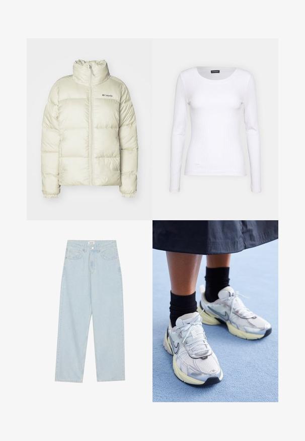 Chaqueta acolchada en color blanco roto, con cuello alto, cierre de cremallera y puños elásticos. Elaborada con material acolchado y resistente al agua, con detalle del logo.; Top de manga larga blanco con cuello redondo. Fabricado en una tela elástica que se ajusta al cuerpo. Presenta sutiles líneas horizontales.; Jeans de mezclilla de pierna ancha en azul claro, con una cintura de altura media, cinco bolsillos y un cierre de botón con un acabado metálico delgado.; Zapatillas Nike blancas y plateadas con tejido de malla, detalles reflectantes y una suela beige. Llevadas con calcetines negros, de pie sobre una superficie azul.
