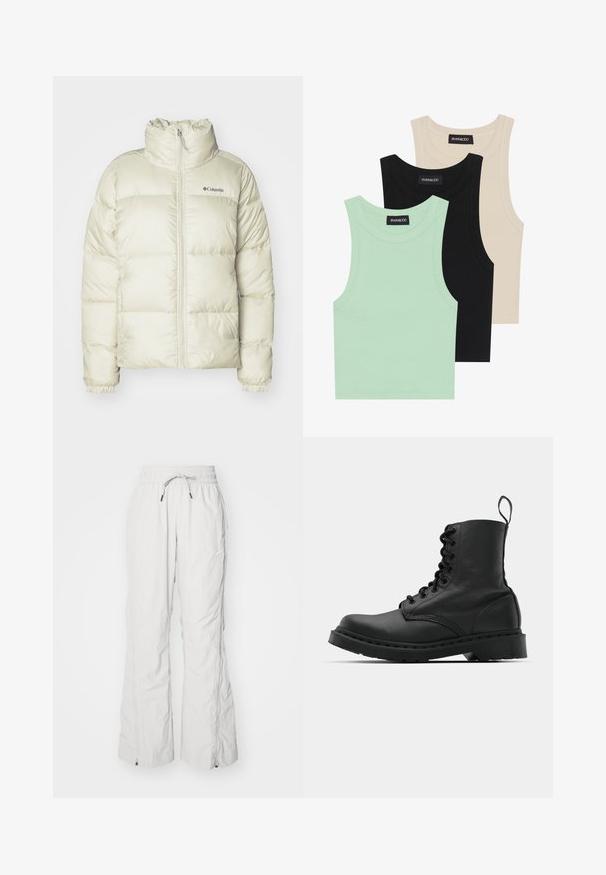 Puffjakke i off-white, med høj krave, lynlåslukning og elastiske manchetter. Fremstillet af kviltet, vandafvisende materiale med logodetalje.; Tre tank toppe i mintgrøn, sort og beige; lavet af ribbet stof med rund hals og uden ærmer. Mærket er synligt.; Lys grå cargo bukser lavet af tekstureret stof, med en elastisk talje med snoretræk, sidelommer og lynlåse ved anklerne.; Sort læder kampstøvle med rund tå, snørebånd foran og en løkke ved anklen. Har en tyk gummisål for holdbarhed.