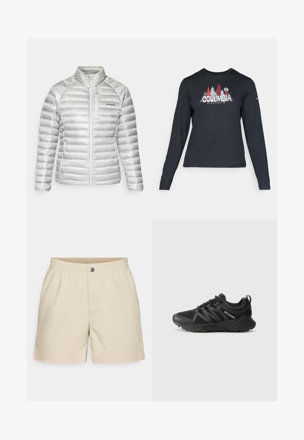 Hopeahkot puffer-takki vaakaompeleilla, korkea kaulus, etuvetoketju ja vetoketjullinen rintatasku. Vasemmalla puolella on logo.; Tummanharmaa pitkähihaisen paidan graafinen kuva punaisista puista ja vuorista; "COLUMBIA" -logo lihavoituna valkoisella tekstillä. Pehmeä kangas, normaali pyöreä kaula-aukko.; Beige shorts valmistettu kevyestä kankaasta, jossa on joustava vyötärö, etutaskut ja yksi napsulukko, sekä sileä pinta.; Columbia PEAKFREAK - Vaelluskengät - black