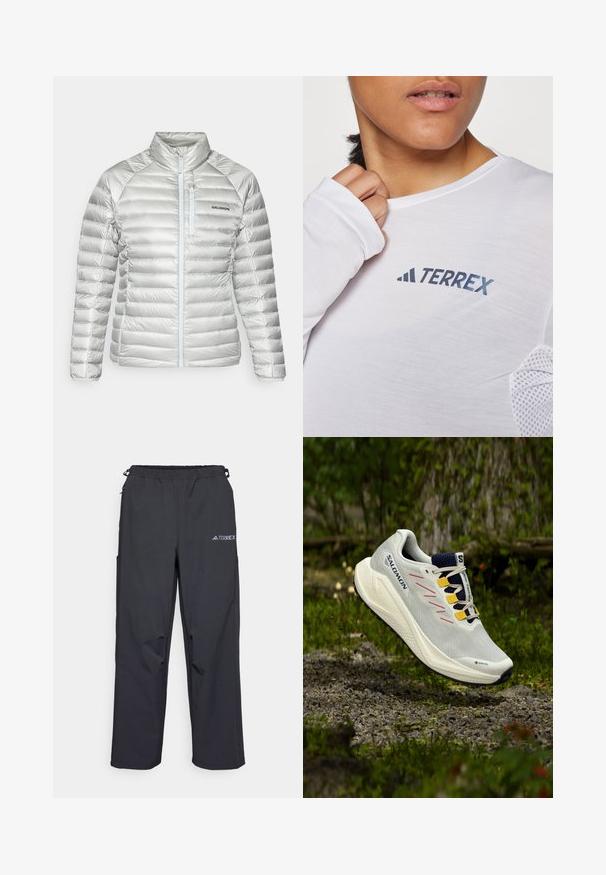 Silver puffer jacket with horizontal quilting, high collar, front zipper, and a zippered chest pocket. Features a logo on the left side.; White long-sleeve shirt featuring a blue "TERREX" logo. The fabric is lightweight with textured mesh accents on the shoulders.; Black, lightweight outdoor pants with an elastic waistband, side pockets, and a logo on the upper right leg. Smooth, water-resistant fabric.; White running shoe with gray and pink accents, GORE-TEX branding, mesh upper, and a textured sole, designed for outdoor terrain.