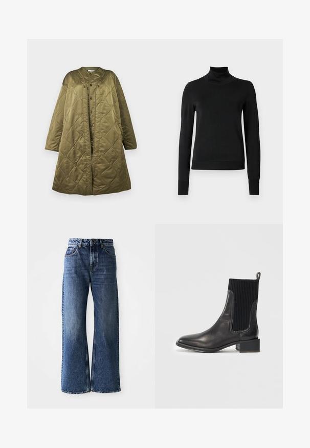 Długi oliwkowozielony pikowany płaszcz z okrągłym dekoltem, z przodu na zatrzaski i pudełkowym krojem. Gładka, błyszcząca tekstura z diamentowym wzorem.; Czarny sweter z długim rękawem i stojącym kołnierzem, z prążkowanymi mankietami i dołem, zaprezentowany na białym tle.; Spodnie dżinsowe o szerokich nogawkach w kolorze niebieskim z wysokim stanem. Charakteryzują się klasycznym pięciokomorowym wzorem, kontrastowym ściegowaniem oraz lekko wyblakłym wykończeniem.; Czarne skórzane botki za kostkę z prążkowanym czarnym elastycznym panelem, kwadratowym noskiem i niskim blokowym obcasem. Gładka tekstura z minimalnymi detalami przeszycia.