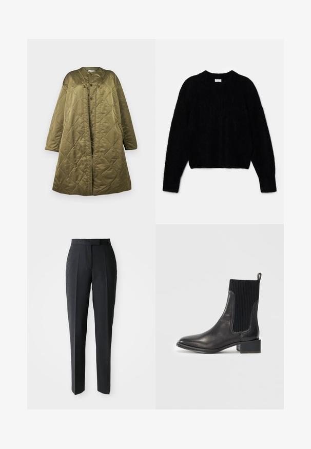 Long olive green quilted coat with round neckline, front snap buttons, and a boxy silhouette. Smooth, shiny texture with diamond pattern.; Black cropped sweater made of fluffy material. Features a round neckline and long sleeves with a soft texture. Minimal design, no patterns.; Black tailored straight-leg trousers with high waist and front creases, displayed on a plain light background.; Black leather ankle boot with ribbed black elastic panel, square toe, and low block heel. Smooth texture with minimal stitching details.