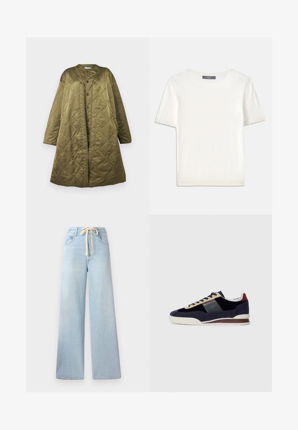 Długi oliwkowozielony pikowany płaszcz z okrągłym dekoltem, z przodu na zatrzaski i pudełkowym krojem. Gładka, błyszcząca tekstura z diamentowym wzorem.; Biała krótki rękaw dzianinowa bluzka z okrągłym dekoltem, charakteryzująca się gładką teksturą i subtelnymi prążkowanymi akcentami na rękawach oraz u dołu.; Jasnoniebieskie dżinsy o szerokich nogawkach, wykonane z denimu, z elastycznym pasem na sznurek oraz klasycznym pięciopocketowym wzorem, z minimalnym blaknięciem.; Granatowe zamszowe sneakersy z beżowymi i ciemnoniebieskimi akcentami. Posiadają białą gumową podeszwę i złote logo na boku. Klasyczny sportowy design.