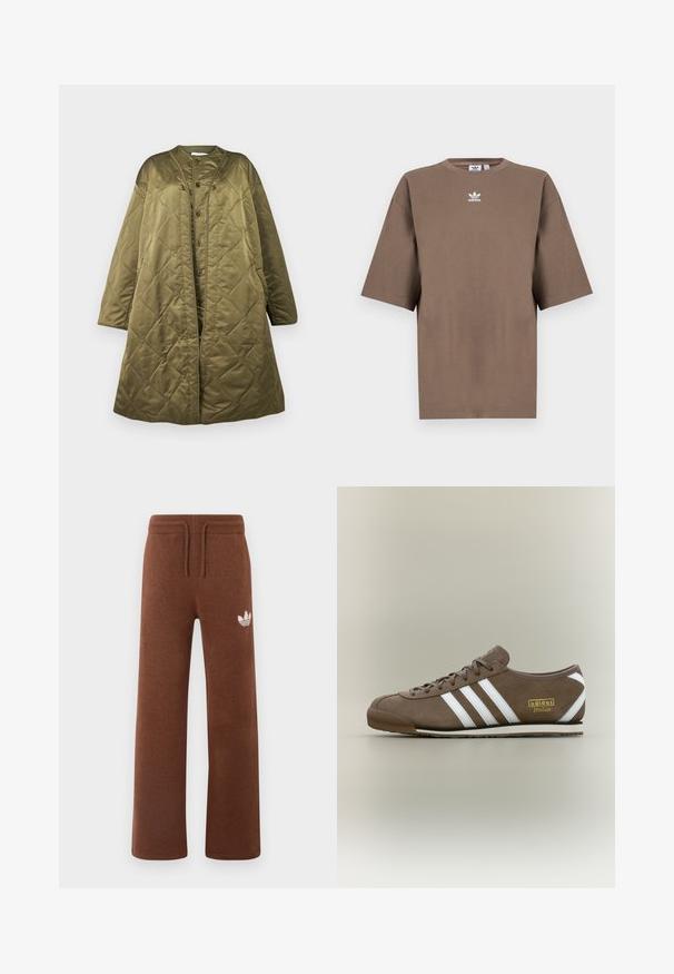 Pitkä oliivinvihreä tikkitakki, jossa on pyöreä kaula-aukko, etupainikkeet ja laatikkomainen siluetti. Suora, kiiltävä tekstuuri, jossa on timanttimäinen kuvio.; Ruskea puuvillapaita lyhyillä hihoilla, pyöreällä kauluksella ja valkoisella Adidas-logolla, joka on keskitetty rintaan. Paidassa on yksinkertainen muotoilu ja rento istuvuus.; Ruskeat collegehousut pehmeästä kankaasta rentoa istuvuutta varten, joissa on joustava vyötärö, nyörikiinnitys ja valkoinen logo vasemmassa reidessä.; Ruskea mokkanahkainen tennari, jossa on kolme valkoista raitaa, tasainen kumipohja, pyöreä kärki ja kultainen "adidas Italia" -logo sivussa.