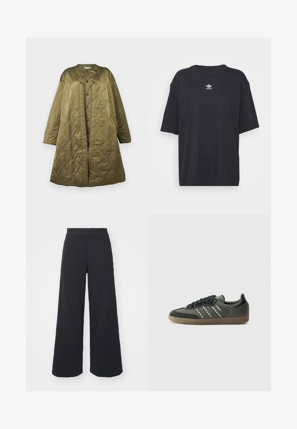 Long olive green quilted coat with round neckline, front snap buttons, and a boxy silhouette. Smooth, shiny texture with diamond pattern.; Black cotton t-shirt with short sleeves, round neckline, features a white Adidas logo on the chest. Simple design, relaxed fit.; Black wide-leg sweatpants made from soft fabric, featuring an elastic waistband and a small logo on the left side.; adidas Originals SAMBA OG - Trainers - core black/legend earth/gum
