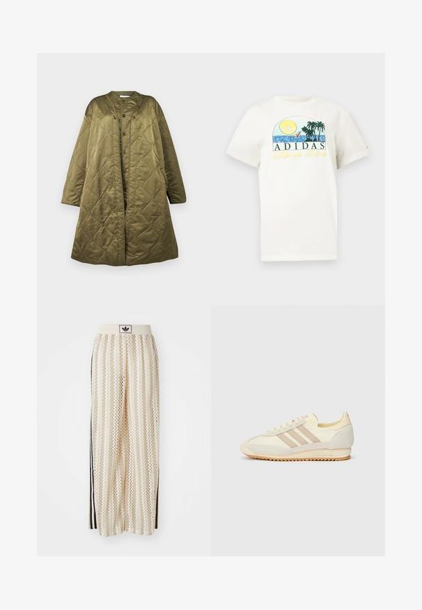 Casaco acolchoado longo verde-oliva com decote redondo, botões de pressão na parte da frente e silhueta ampla. Textura suave e brilhante com padrão de losangos.; T-shirt de algodão branco com um design gráfico apresentando um sol, palmeiras e água. "ADIDAS Sports Club" impresso em verde e amarelo.; Calças largas de cor creme com um padrão em zigzag, apresentando uma cintura com logotipo preto e riscas laterais pretas. Tecido leve e texturizado.; Sapatilha atlética creme com três riscas bege, materiais em camurça e tecido, sola texturizada e logo em relevo no calcanhar.