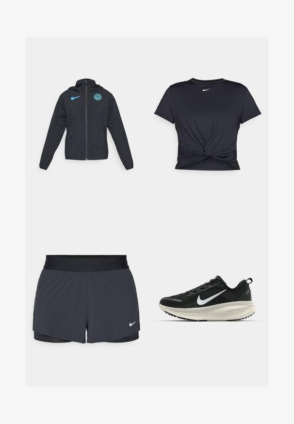 Sort vindjakke med hætte, prydet med et blåt Nike-logo og Inter Milan-emblem, lynlås lukning og sidelommer.; Sort atletisk t-shirt lavet af glat stof, med et knyttet frontdesign og et lille hvidt Nike-logo på brystet.; Sort træningsshorts med elastisk talje, der har et lagdelt design og et lille hvidt Nike-logo nederst til venstre. Letvægtsmateriale.; Sort Nike løbesko med åndbart mesh-overdel, hvidt swoosh-logo, tekstureret detaljering og en cremede ZoomX mellemsål.