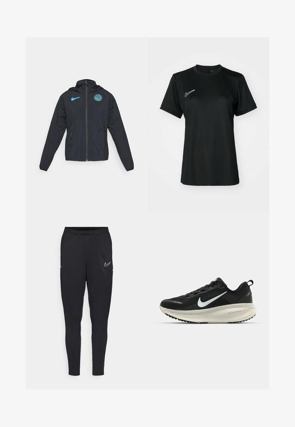 Sort vindjakke med hætte, prydet med et blåt Nike-logo og Inter Milan-emblem, lynlås lukning og sidelommer.; Sort kortærmet trænings T-shirt med rund halsudskæring. Har et hvidt Nike-logo øverst til venstre. Glat, letvægtsstof.; Sorte atletiske bukser lavet af letvægtsstof, med elastisk talje, tætsiddende design og et hvidt Nike-logo på låret.; Sort Nike løbesko med åndbart mesh-overdel, hvidt swoosh-logo, tekstureret detaljering og en cremede ZoomX mellemsål.