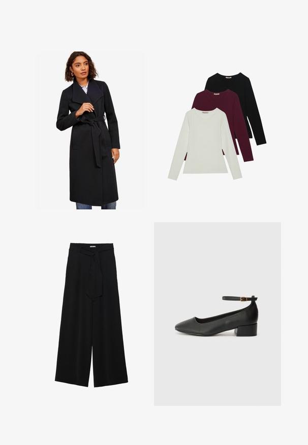 Cappotto di lana nera con vita regolabile, ampio colletto e due tasche frontali. Tessuto testurizzato; design a lunghezza media con una silhouette su misura.; T-shirt a maniche lunghe in bianco, bordeaux e nero. Realizzate in tessuto morbido con scollatura rotonda e design aderente. Adatte per essere indossate a strati.; Pantaloni neri a gamba larga caratterizzati da un tessuto testurizzato, una vita elastica e una cintura staccabile per una vestibilità regolabile.; Pump in pelle nera con punta affusolata e tacco basso a blocco. Presenta una cinghia alla caviglia con una fibbia in tonalità oro. Texture liscia.