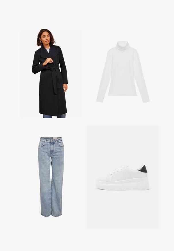 Fekete gyapjúkabát övvel a deréknál, nagy gallérral és két elülső zsebbel. Texturált anyag, közepes hosszúságú kivitel, elegáns fazonnal.; Fehér, hosszú ujjú, garbónyakú felső sima, rugalmas anyagból készült. Magas nyakkal és testhezálló fazonnal rendelkezik, látható minták vagy díszítések nélkül.; Világoskék, bő szárú farmernadrág, magas derékkal, öt zsebes kialakítással és finom kopással, amely megadja a viselt megjelenést.; Fehér platform sportcipők sima szintetikus anyagból, lekerekített orral, fűzős kialakítással és texturált gumitalppal. Fekete sarokdísz.